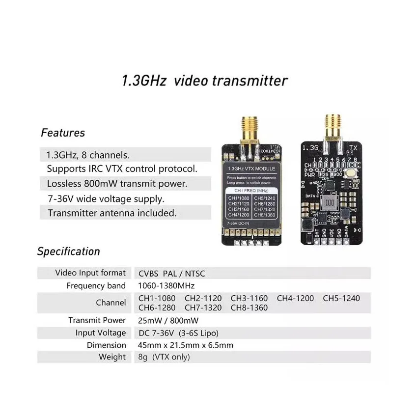 1.2G 1.3G 800mW VTX VRX Audio  - огляд і ціна Drone Racing Vtx